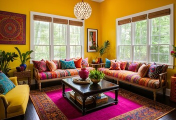 A living room filled with furniture and colorful pillows.