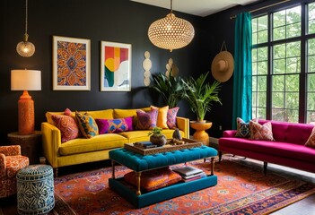 A living room filled with furniture and colorful pillows.