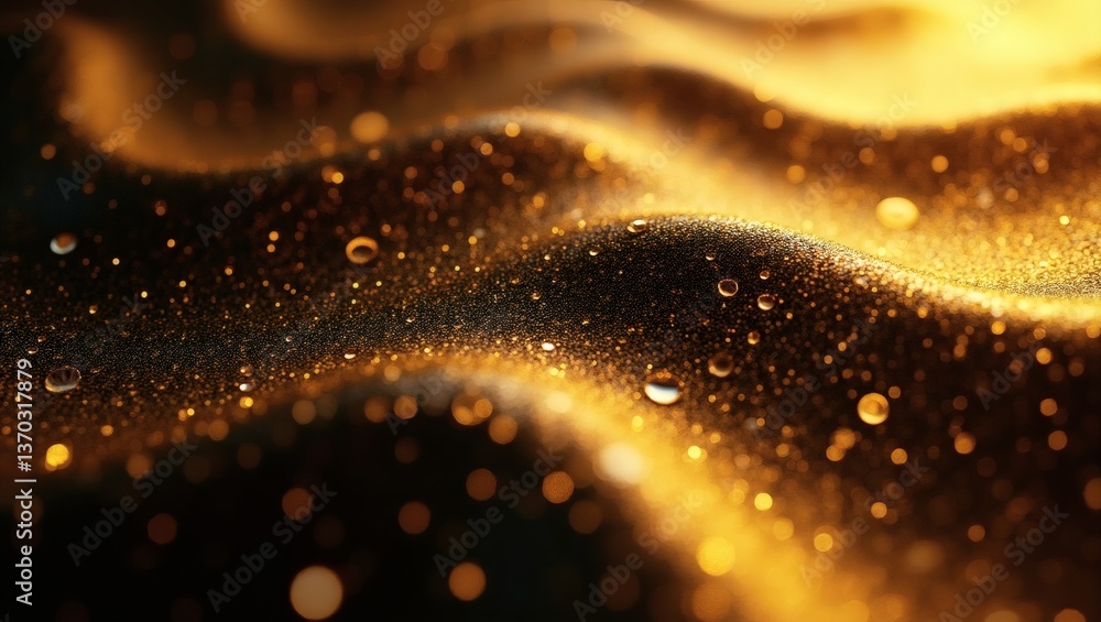 Poster an abstract golden background with sparkling elements and a sense of depth, a close-up macro shot of glittering surface with a blurred bokeh effect 
