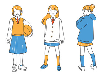 女子学生3人の全身図セット