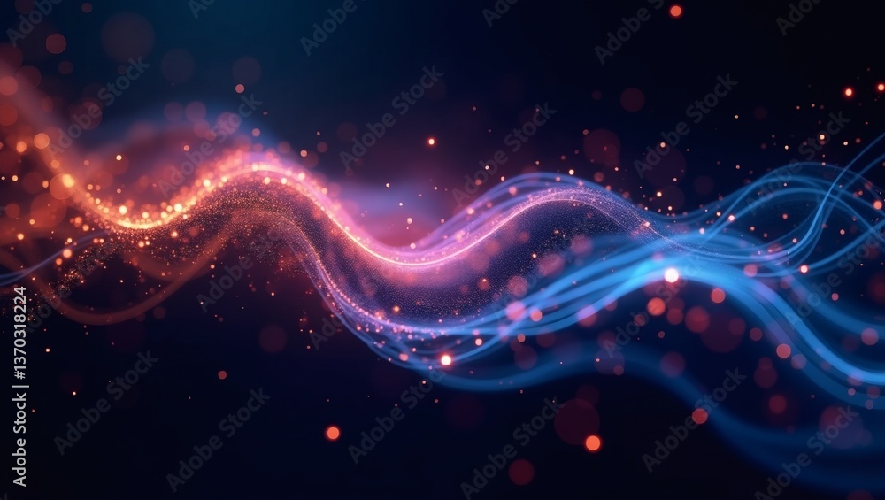 Aufkleber abstract image of flowing, glowing lines and particles creating a dynamic visual effect. The colors of the lines shifting between a gradient of red, orange and blue, while the particles add dimension