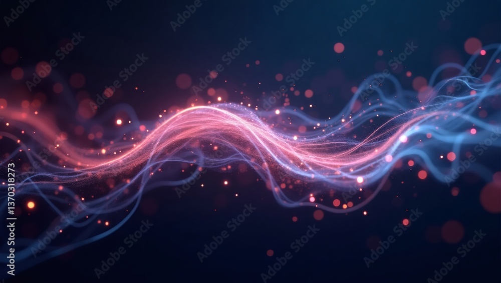 Poster abstract illustration with flowing, luminous light trails in shades of pink and blue, accented with 