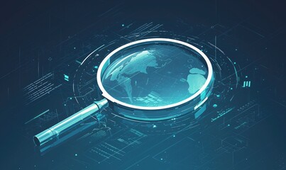 Isometric Pixel Art Depicting Magnifying Glass Over Glowing World Map on Blue Circuitry Background Conveying Global Connectivity and Digital Scrutiny