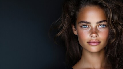 Fototapeta premium Close-up portrait of a young woman with striking features. Natural beauty, healthy glow, and expressive eyes. Long, wavy hair framing face
