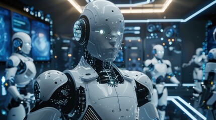 Fototapeta premium Futuristic humanoid robot in high-tech control room with advanced technology, glowing eyes, and other white robots in the background.