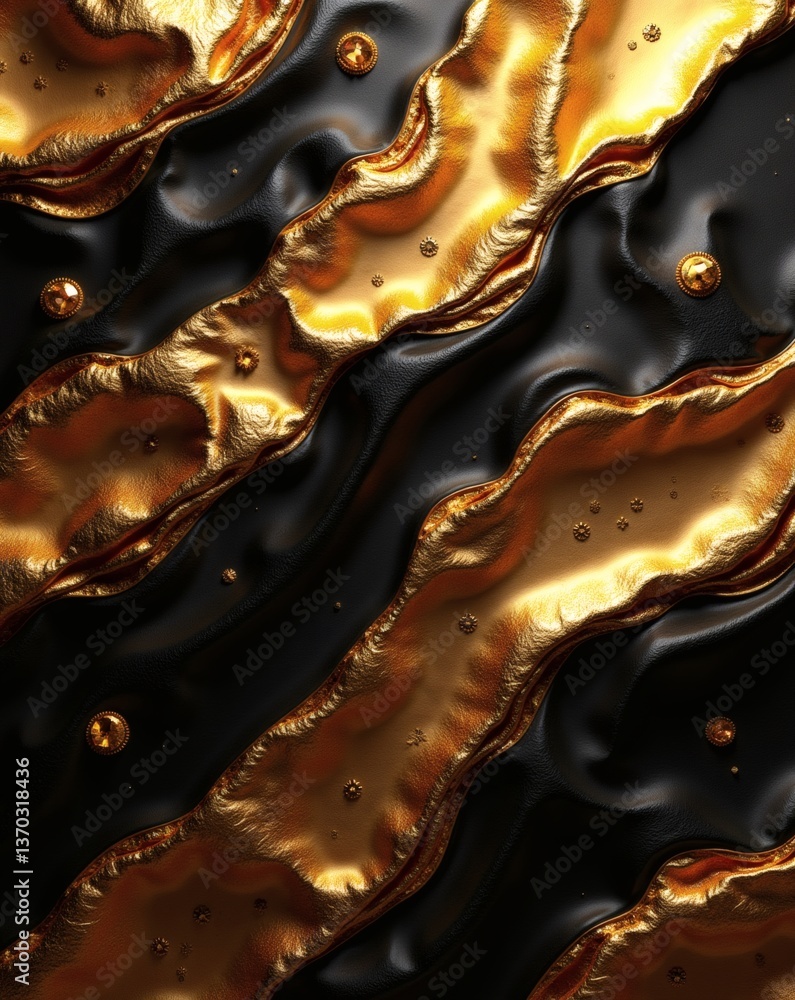 Poster an artistic macro shot of fluid gold and black textures creating an elegant and abstract pattern. The image showcases a blend of luxury and sophistication. The gold accents add a touch of opulence.