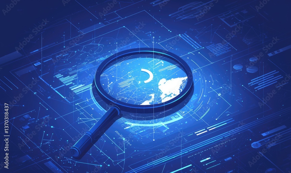 Aufkleber isometric view of magnifying glass on pixelated world map with blue circuit board background