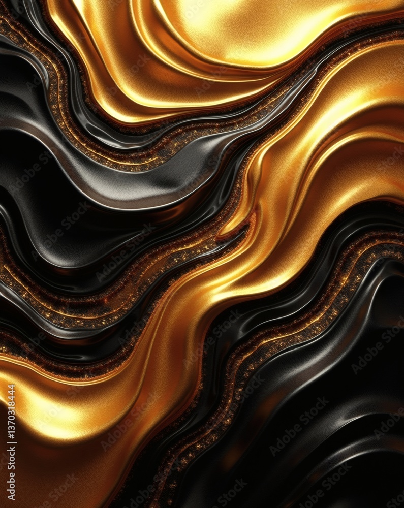 Poster a luxurious and abstract design of golden and black swirling liquid. the colors blend seamlessly, cr