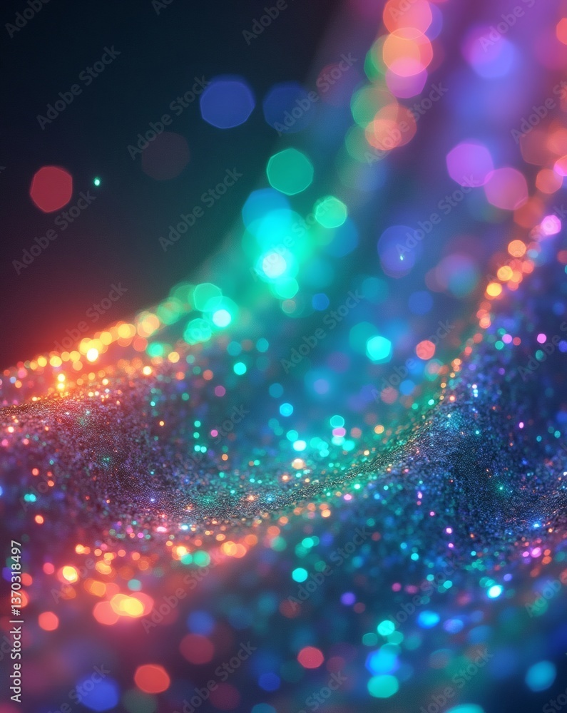 Poster Abstract vibrant bokeh light sparkles floating in dark. The light creates an enchanting and whimsical atmosphere.