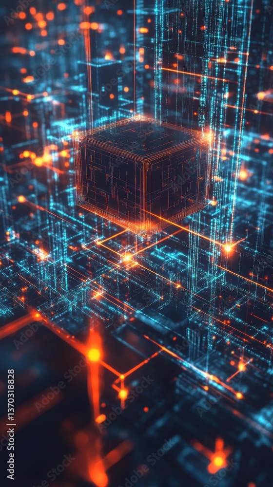 Poster futuristic data blocks digital realm 3d visualization high-tech environment close-up view interconne