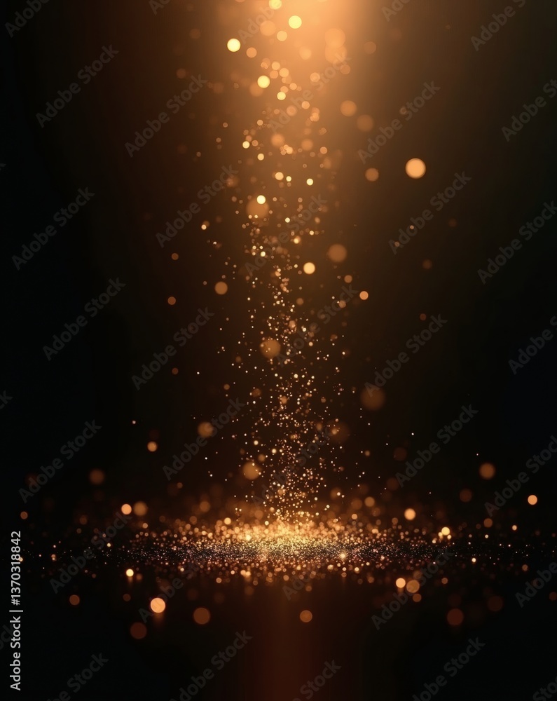 Poster Sparkling golden particles falling downwards against a dark background, creating a magical and ethereal atmosphere. The shimmering particles give a sense of wonder and elegance.