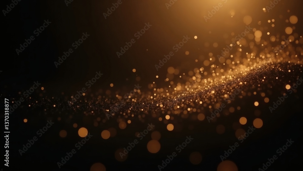 Poster an elegant abstract design of floating golden particles on a dark background, creating a sense of wonder and luxury. The particles appear to be in motion, with a blurred effect
