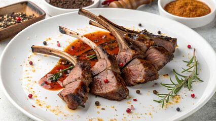 Lamb rib dish with sauce on a white plate