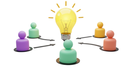 Isolated 3D Render of People with Arrows Connecting to Light Bulb