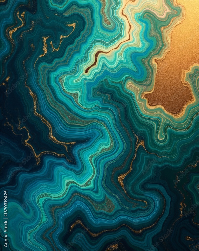 Fototapete a mesmerizing abstract artwork with teal and gold patterns reminiscent of gemstone veins. the swirli