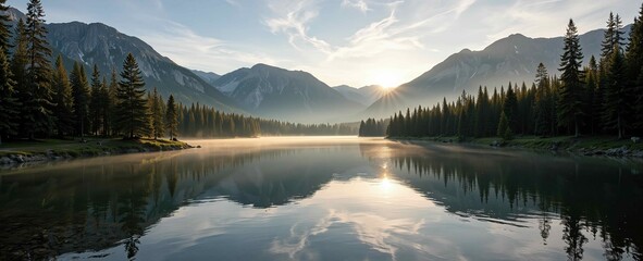 Naklejka premium A serene mountain lake at sunrise, surrounded by pine trees, with soft golden sunlight reflecting off the water