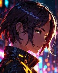 a stunning anime girl with short brown hair gazing thoughtfully against a city background filled with colorful lights. This image captures the essence of urban life and introspection.