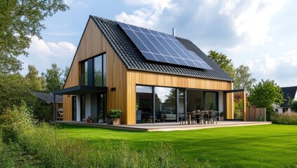 Obraz premium Light Wood Clad Modern House with Solar Panels on a Sunny Day with Blue Sky and Green Grass Yard View