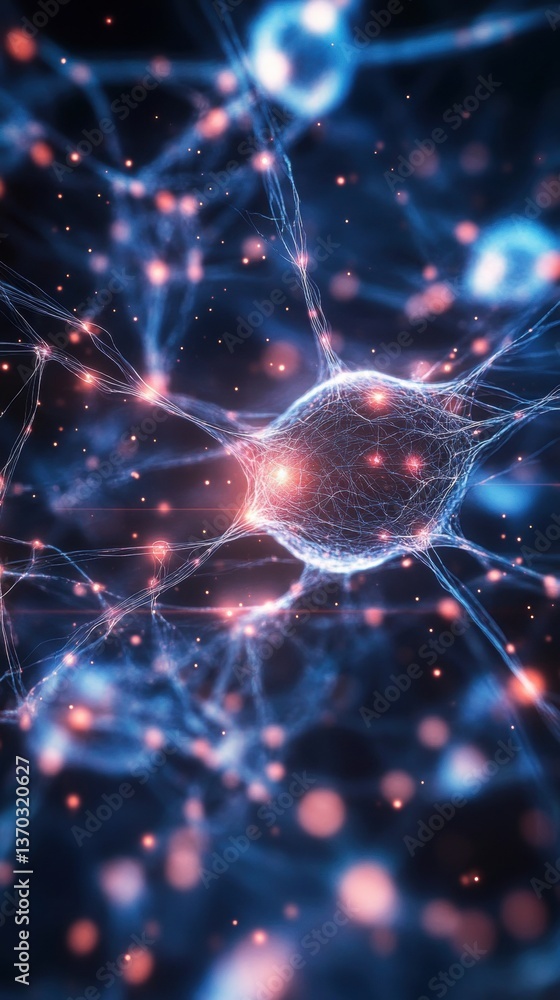 Poster Dynamic interaction of glowing particles in abstract network science visualization digital art high-tech environment