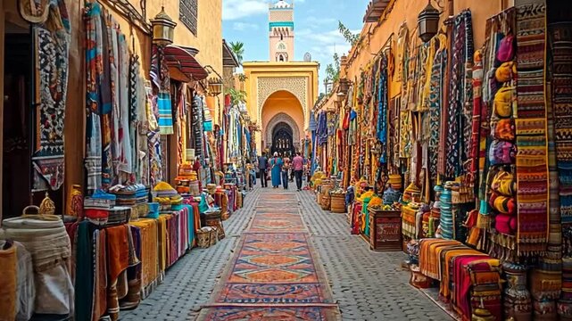 Marrakech souk, colorful shops, pathway, people, vibrant