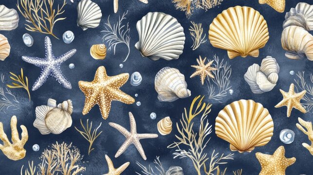 Ocean Watercolor Seamless Pattern: Starfish, Shells, and Seaweed on Navy Background