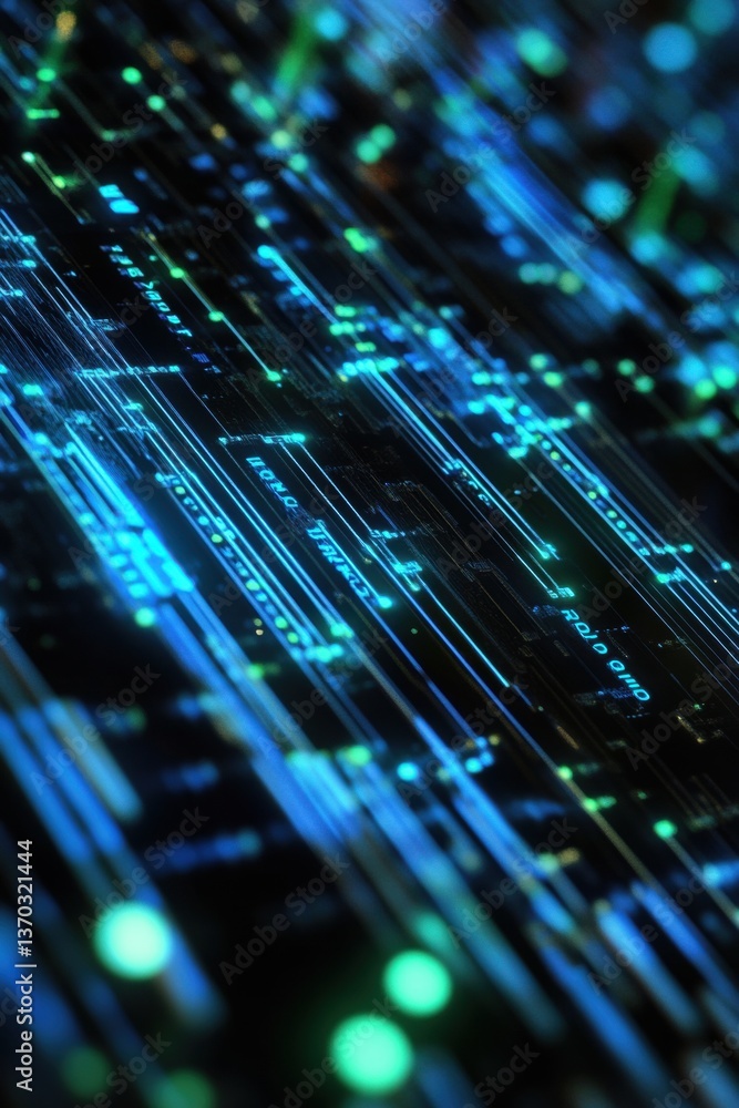 Poster intertwining holographic circuits and binary code digital realm abstract art neon environment close-