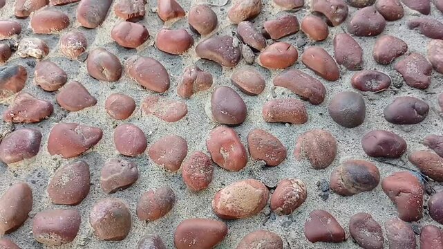 Path of stone on gravel sand. Red stone walkway. Stone pattern in the beach. Texture background