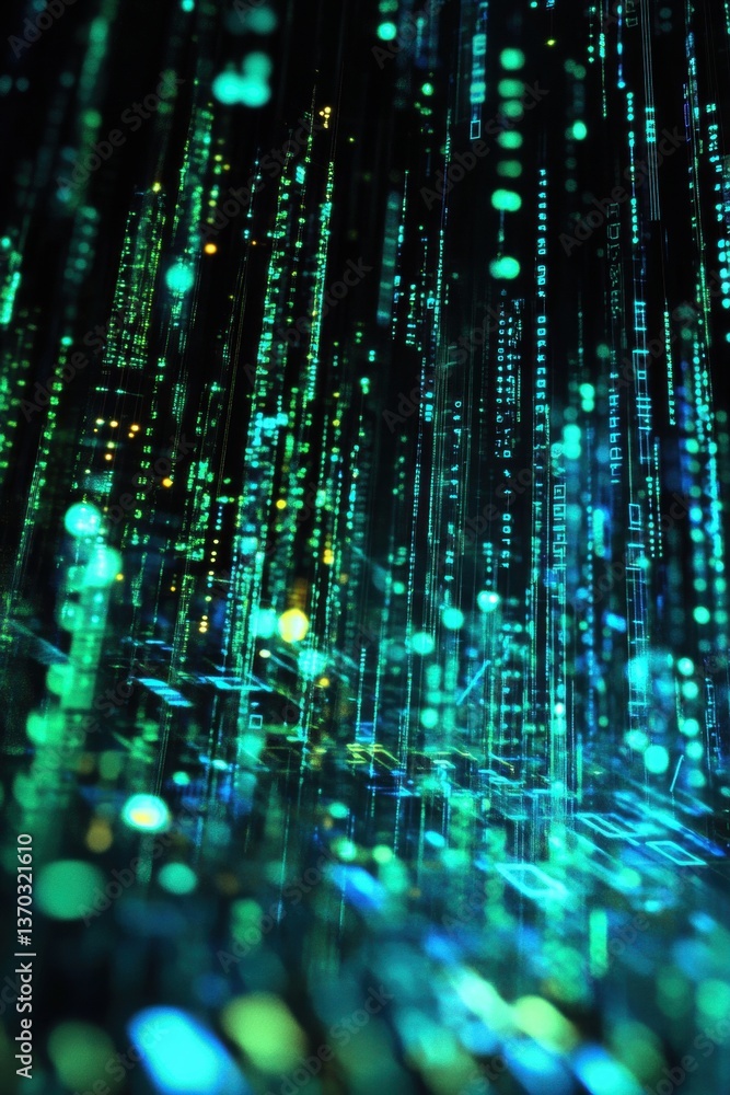 Poster neon holographic circuits and binary code intertwined in a digital landscape virtual environment abs