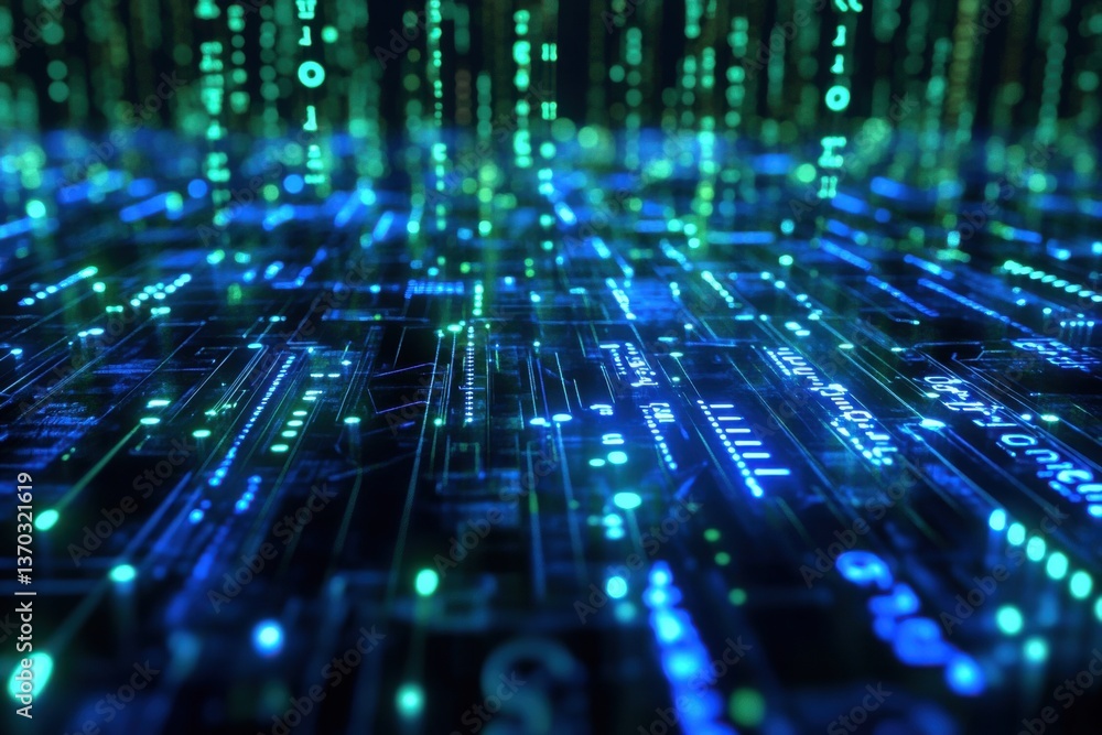 Fototapete Neon holographic circuits and binary code display digital realm abstract art futuristic environment aerial view