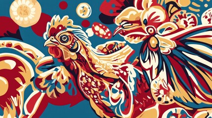 Obraz premium Vibrant Artistic Depiction of Colorful Chickens in a Whimsical Style with Bold Patterns and Textures, Showcasing Nature's Beauty and Farm Life Elements