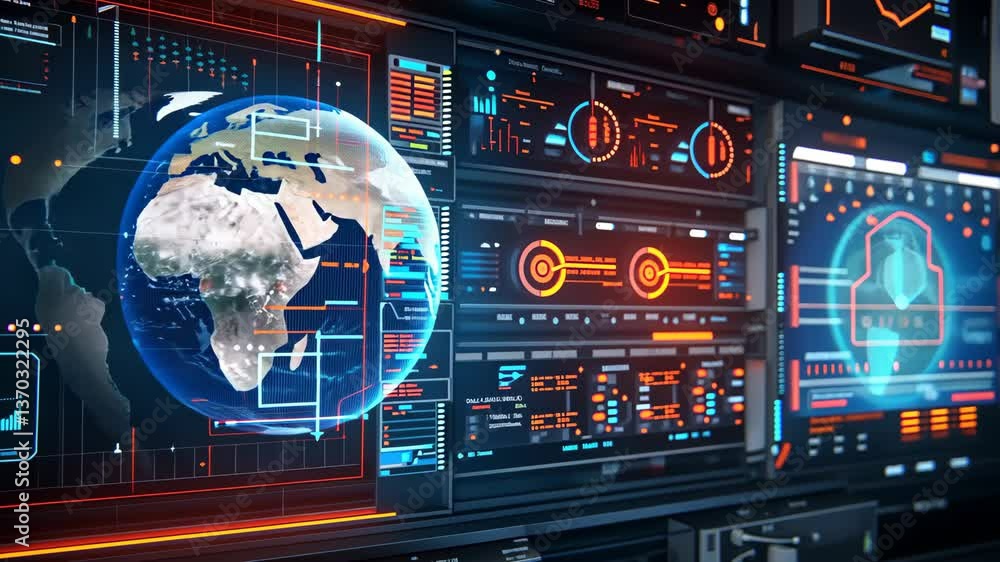 Poster explore a sophisticated digital interface displaying earth and real-time analytics, highlighting glo