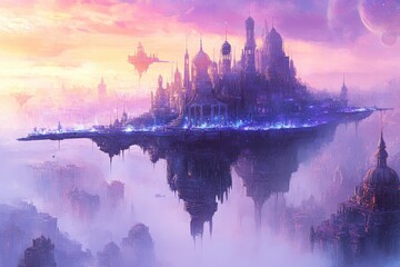 Naklejka premium Floating Cityscape Magical Sunset Fantasy Realm.