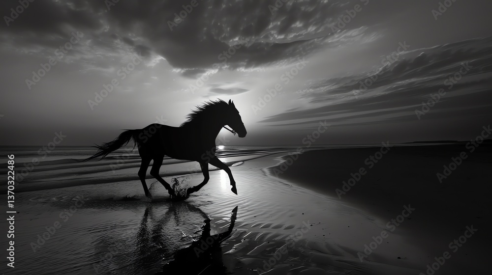 Aufkleber the image is a black and white photo of a horse running on the beach. the horse is in the center of 