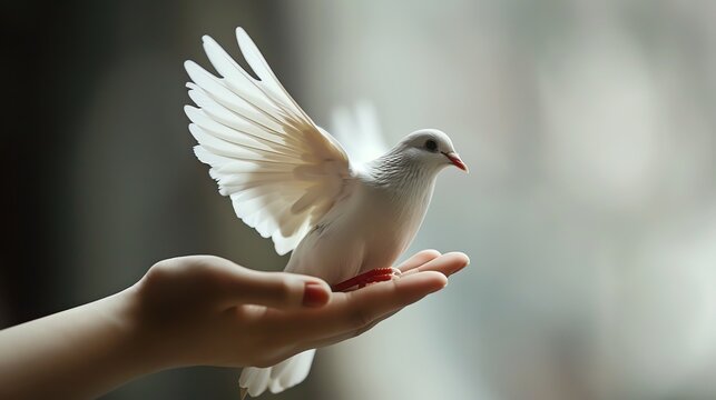 A beautiful white dove is perched on a woman's hand with its wings spread open. The background is soft and out of focus.
