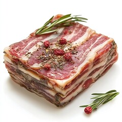 Freshly prepared layered meat with herbs and spices on a clean background for culinary use