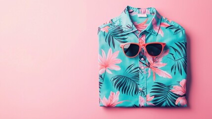 Neatly Folded Colorful Songkran Shirt and Sunglasses on Pastel Background for Summer Holiday Vibe