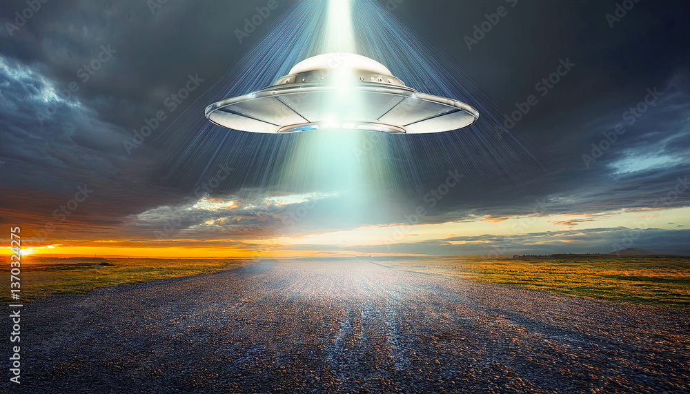 Poster mysterious beam of light descends from an unseen ufo over a tranquil landscape at dusk