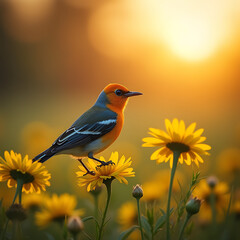 Obraz premium Vibrant Songbird Amid Golden Wildflowers at Sunset – Serene Wildlife Moment Capturing Springtime Beauty and Nature’s Golden Hour Glow