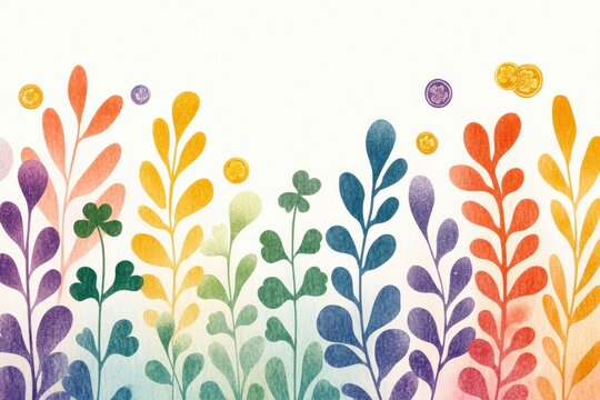 Colorful abstract botanical illustration featuring vibrant leaves and flowers in a harmonious arrangement, perfect for spring themed designs and creative projects