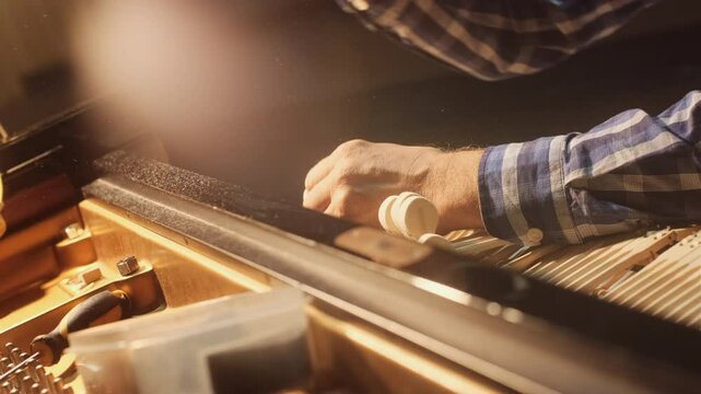 Piano technician adjusting the action mechanism of a grand piano, fine-tuning hammers and dampers under warm lighting