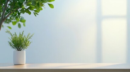 Potted plants are illuminated by sunlight on a wooden surface