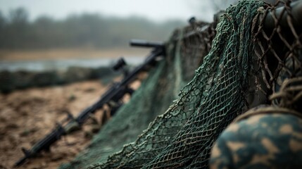 Camo Netting Elegantly Draped Over Military Equipment in Wispy War Zone