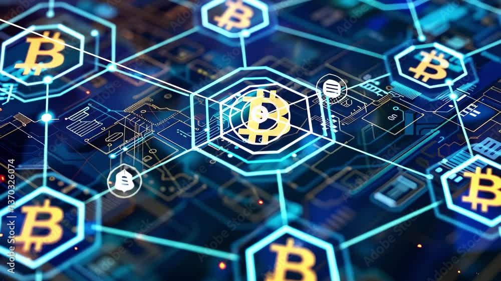 Poster a vibrant digital network showcases bitcoin symbols interconnected through glowing lines, representi