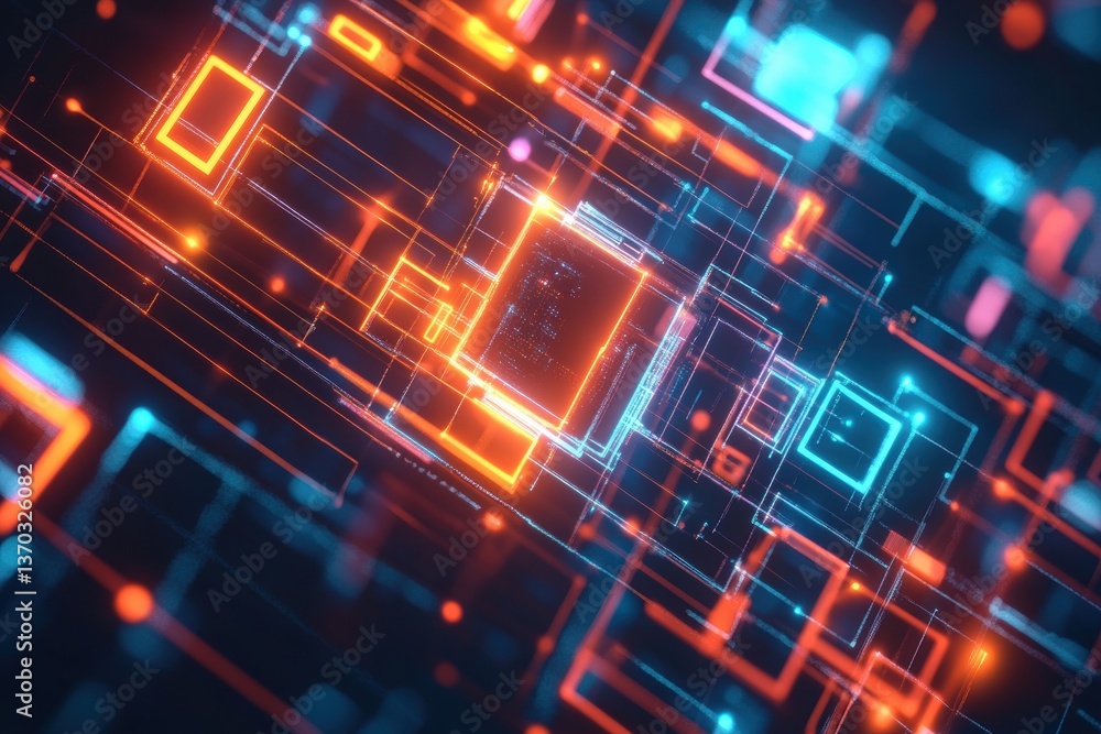 Poster quantum computing interface simulation glowing geometric patterns digital space abstract art futuris