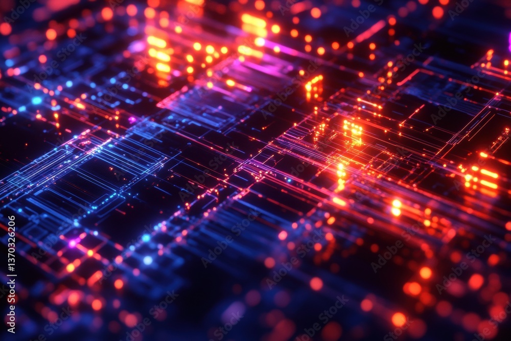 Poster quantum computing interface simulation glowing geometric patterns in digital technology environment