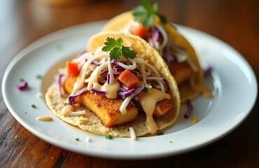 A Baja style fish taco on a white ceramic plate with a crunchy slaw and a drizzle of creamy sauce