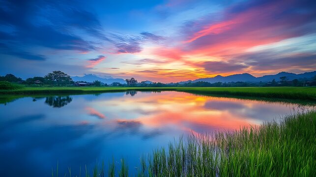 A tranquil lake beside a rice field, reflecting the vibrant colors of the sky