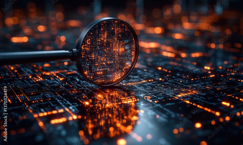 Poster magnifying glass examining circuit board with illuminated orange data lights in dark glossy tech bac