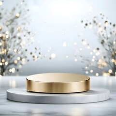 Blank elegant gold plated podium on a minimalist backdrop perfect for showcasing luxury products such as jewelry and watches