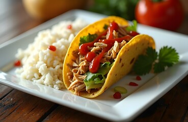 A taco with shredded chicken lettuce and hot sauce served on a square white plate with rice on the side